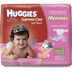 Fralda Huggies Turma da Mônica Supreme Care Soft Touch Menina Tamanho G Jumbo 20 Unidades Peso Indicado 9 - 12kg